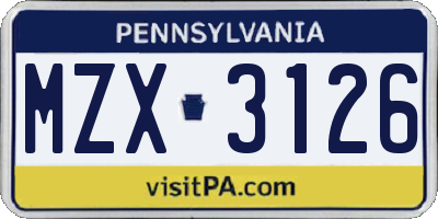 PA license plate MZX3126