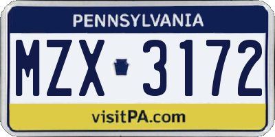 PA license plate MZX3172