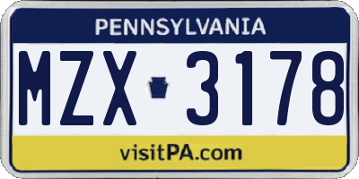 PA license plate MZX3178