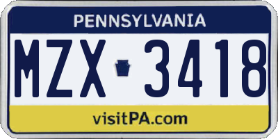 PA license plate MZX3418