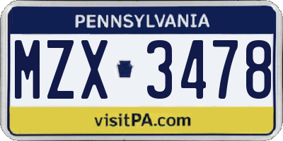 PA license plate MZX3478