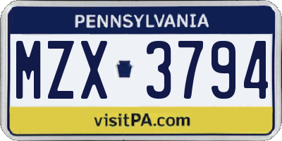 PA license plate MZX3794