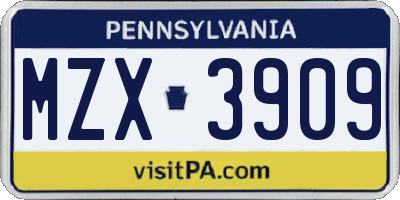 PA license plate MZX3909
