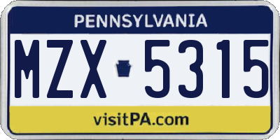 PA license plate MZX5315
