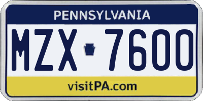 PA license plate MZX7600