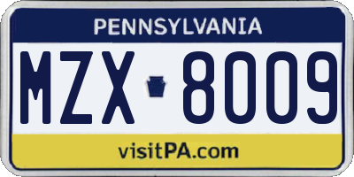 PA license plate MZX8009