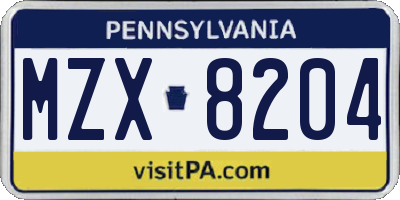PA license plate MZX8204