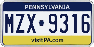PA license plate MZX9316