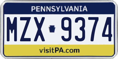 PA license plate MZX9374