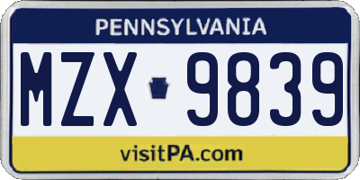 PA license plate MZX9839
