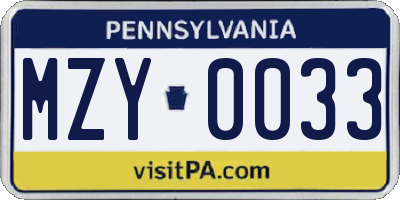PA license plate MZY0033