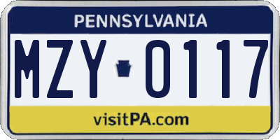 PA license plate MZY0117