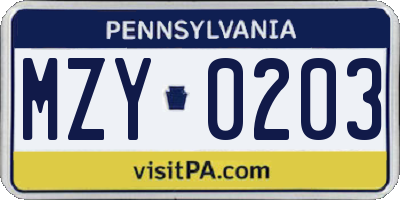 PA license plate MZY0203