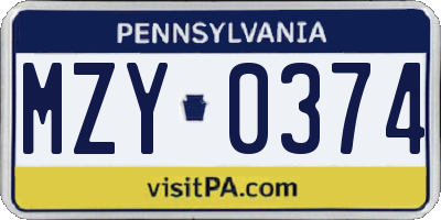 PA license plate MZY0374