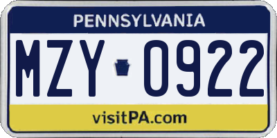 PA license plate MZY0922