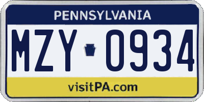 PA license plate MZY0934
