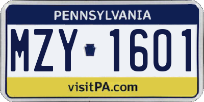 PA license plate MZY1601