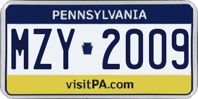 PA license plate MZY2009