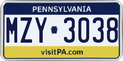 PA license plate MZY3038