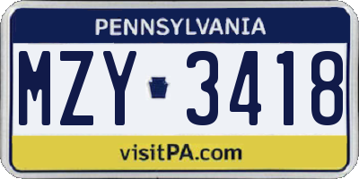 PA license plate MZY3418