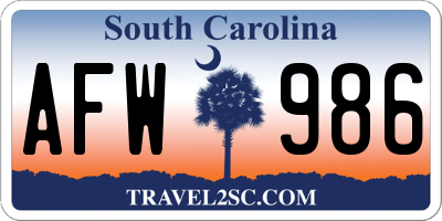 SC license plate AFW986