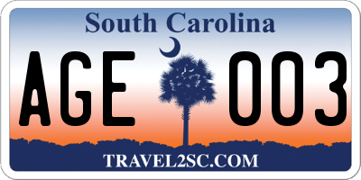 SC license plate AGE003