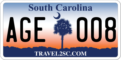 SC license plate AGE008