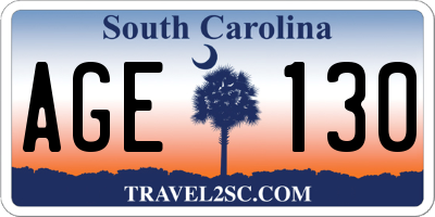 SC license plate AGE130