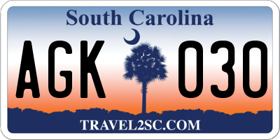 SC license plate AGK030