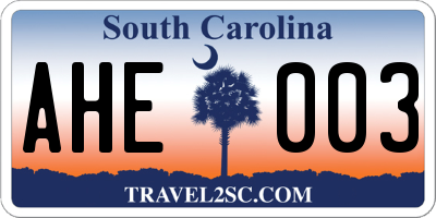 SC license plate AHE003