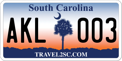 SC license plate AKL003