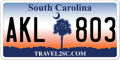 SC license plate AKL803