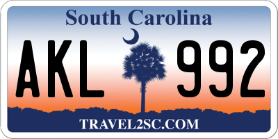 SC license plate AKL992