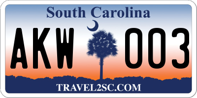 SC license plate AKW003