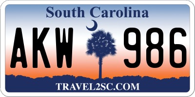 SC license plate AKW986