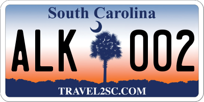 SC license plate ALK002