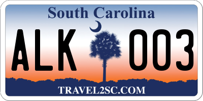 SC license plate ALK003