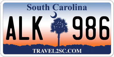 SC license plate ALK986