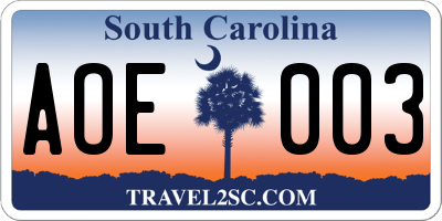 SC license plate AOE003