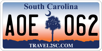 SC license plate AOE062