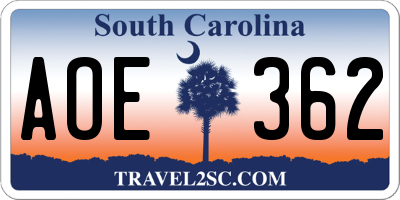 SC license plate AOE362