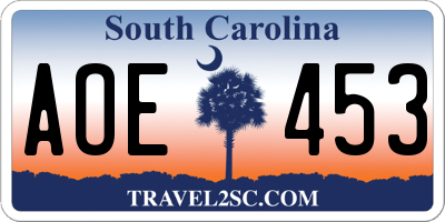SC license plate AOE453