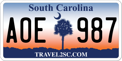 SC license plate AOE987
