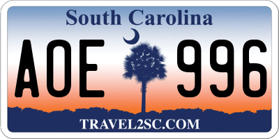 SC license plate AOE996