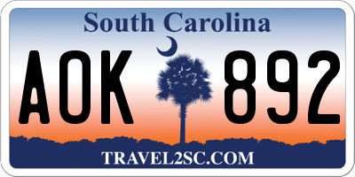 SC license plate AOK892