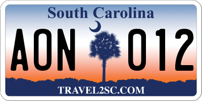 SC license plate AON012