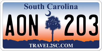 SC license plate AON203