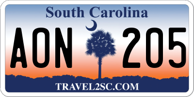 SC license plate AON205