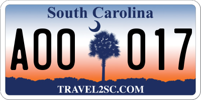 SC license plate AOO017