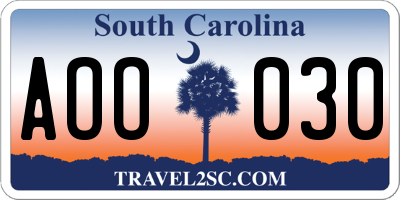 SC license plate AOO030